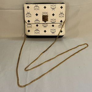 Authentic MCM White Monogram Visetos Mini Chain Crossbody Bag